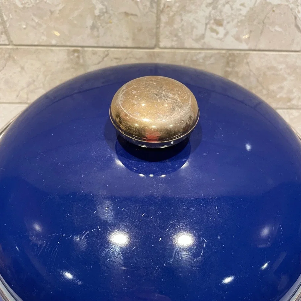 Vintage Cobalt Blue Enamel Stock Pot Gold Handles‎ Dutch Oven with Lid 10 Inch